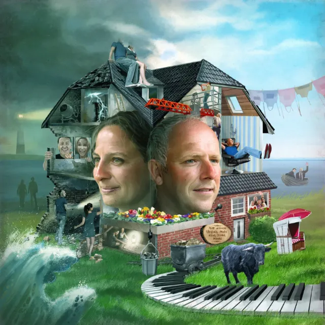Surreal house with human faces, floating objects, and piano keyboard path by POW!!!