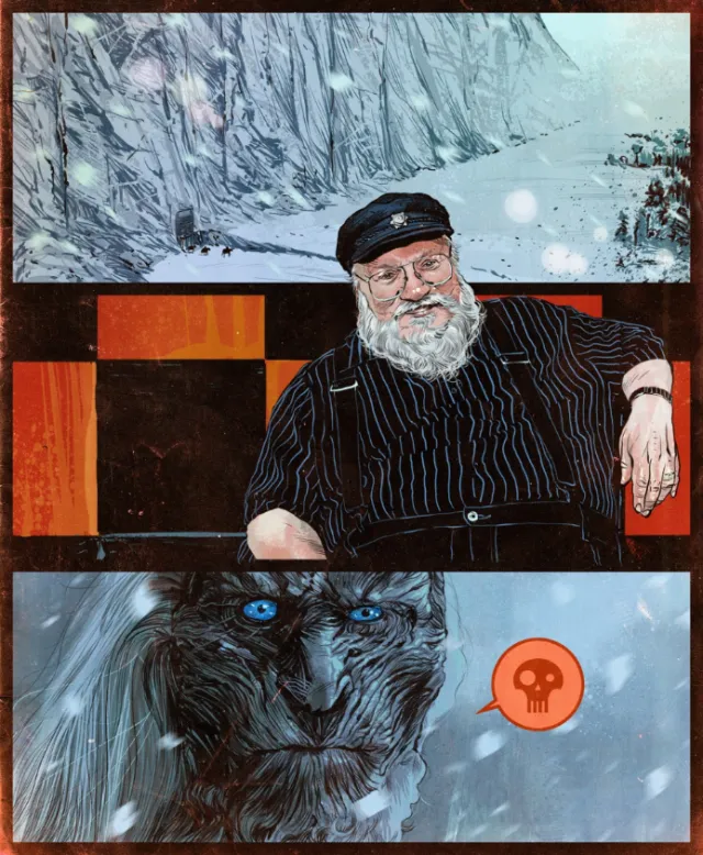 Bearded man in striped shirt with snowy mountain and White Walker panels, by POW!!!