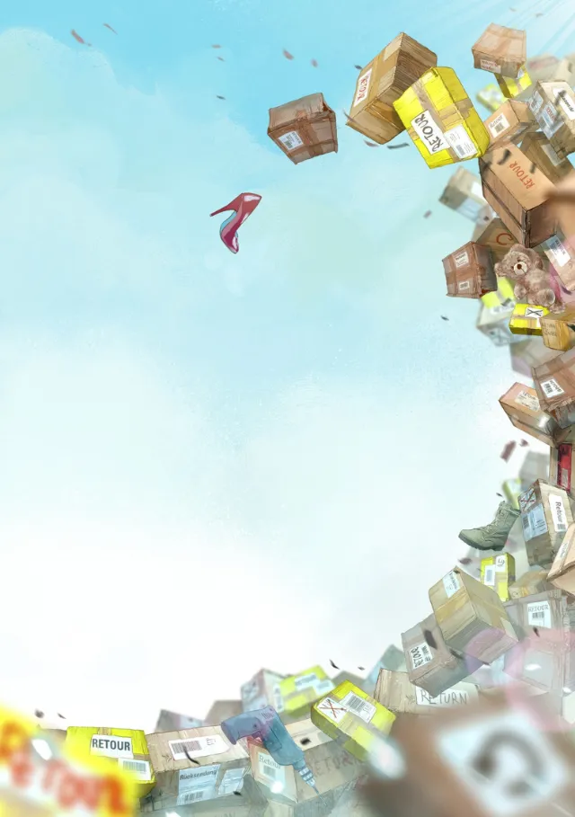 Boxes falling from a high, unstable stack in a clear sky by POW!!!
