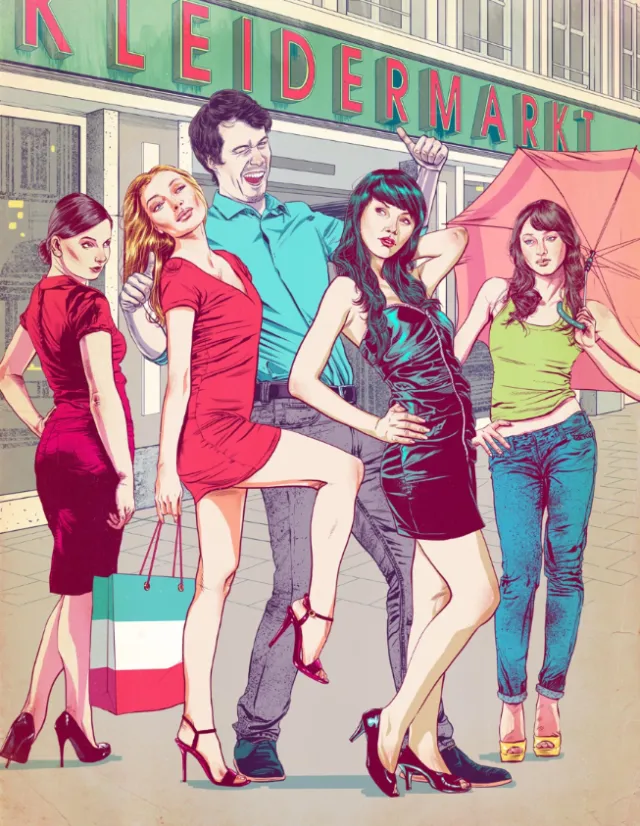 Group of stylish young adults posing and shopping outside Kledermarkt by POW!!!
