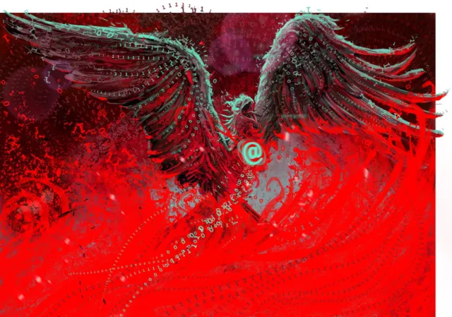 Digital red phoenix with wings made of binary code by POW!!!