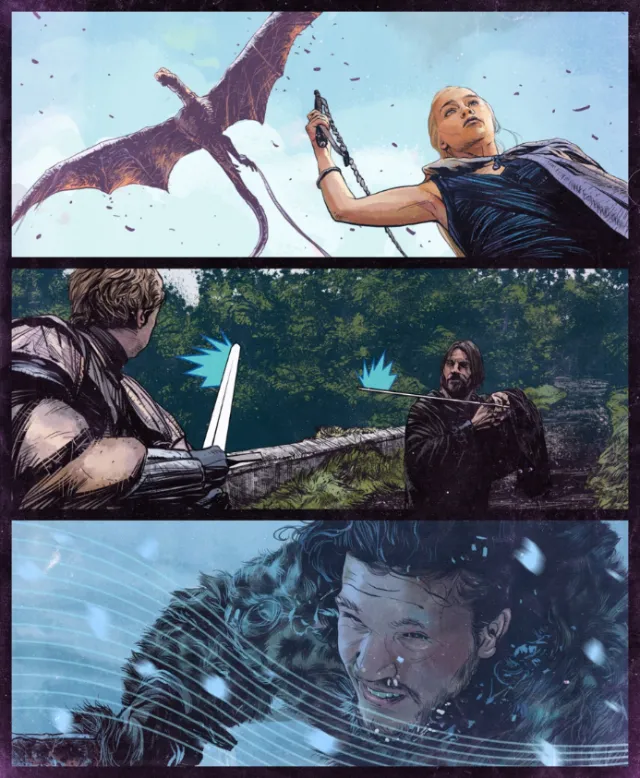 Scenes of warriors and a dragon with artist POW!!!