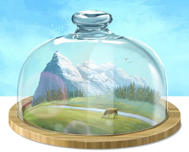 Mountain landscape with snowy peaks and a grazing animal under a glass dome by POW!!!