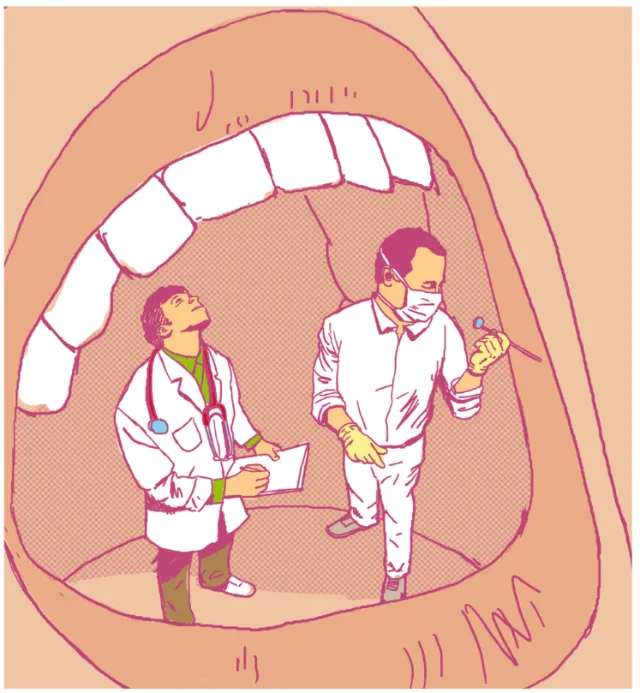 Doctors examining a giant open mouth by Andreas Schickert