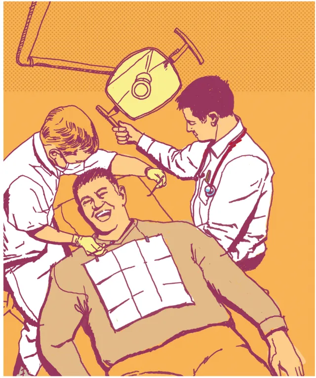 Dental treatment scene with patient and two healthcare workers by Andreas Schickert