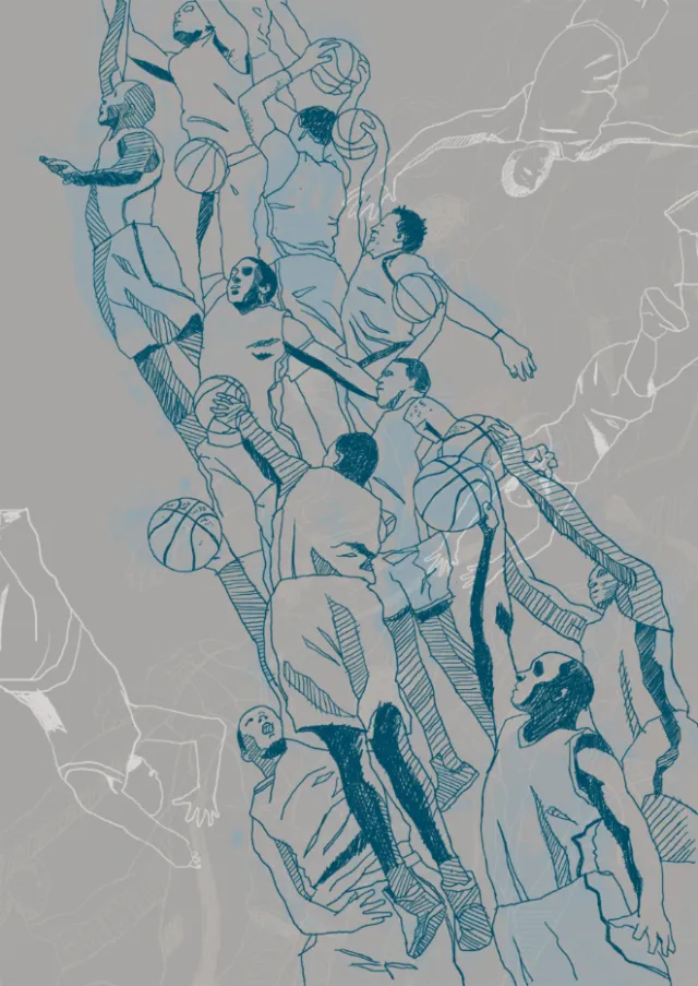 Dynamic basketball players in motion drawing by Andreas Schickert