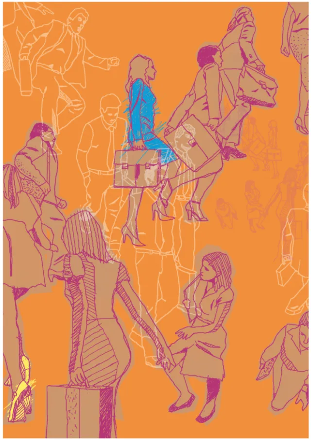 Stylized human figures in motion with briefcases on orange background by Andreas Schickert