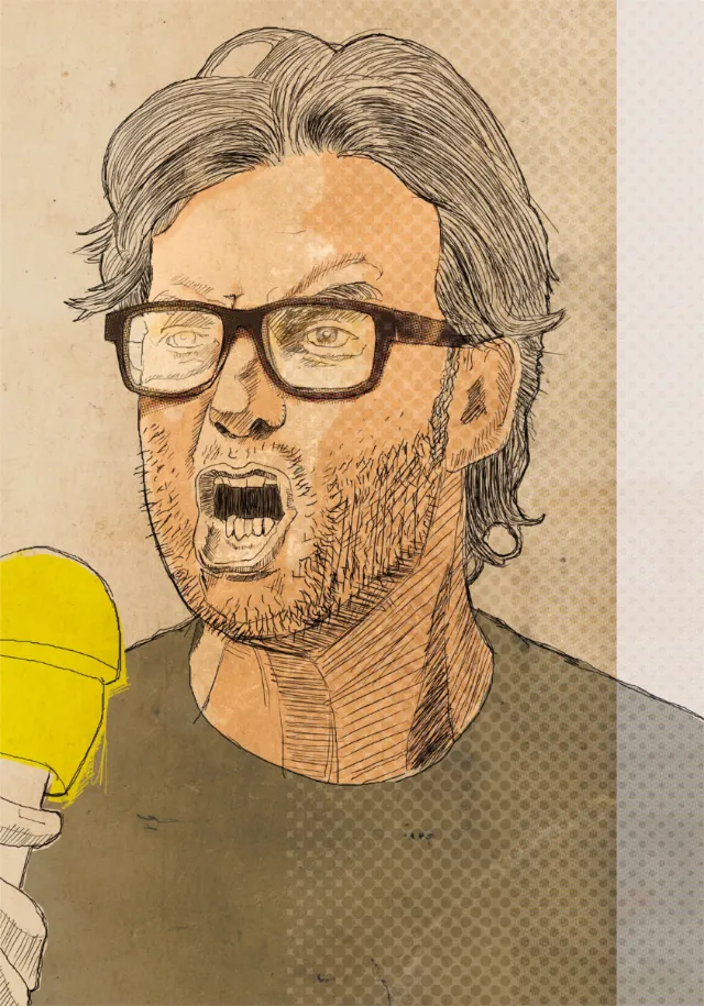 Illustration of a man with glasses speaking into a yellow microphone by Andreas Schickert