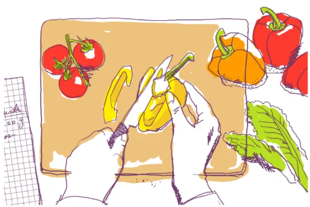 Hands cutting yellow bell pepper on board, Andreas Schickert illustration