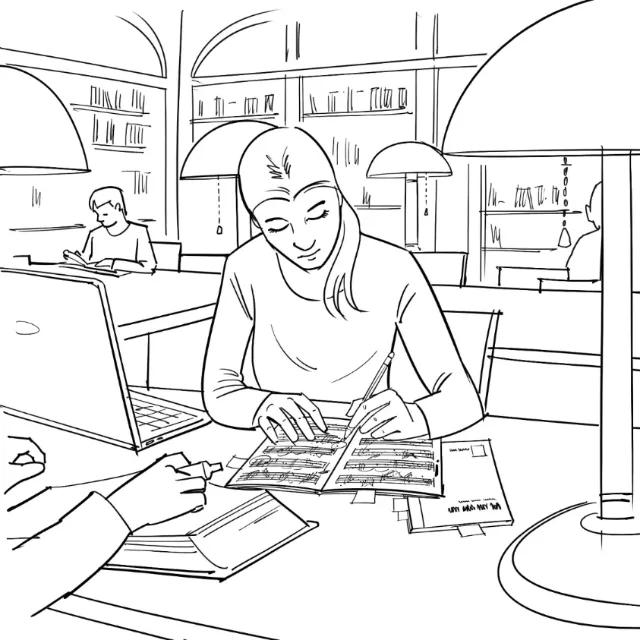 Woman studying a book in a library with people around by Björn von Schlippe