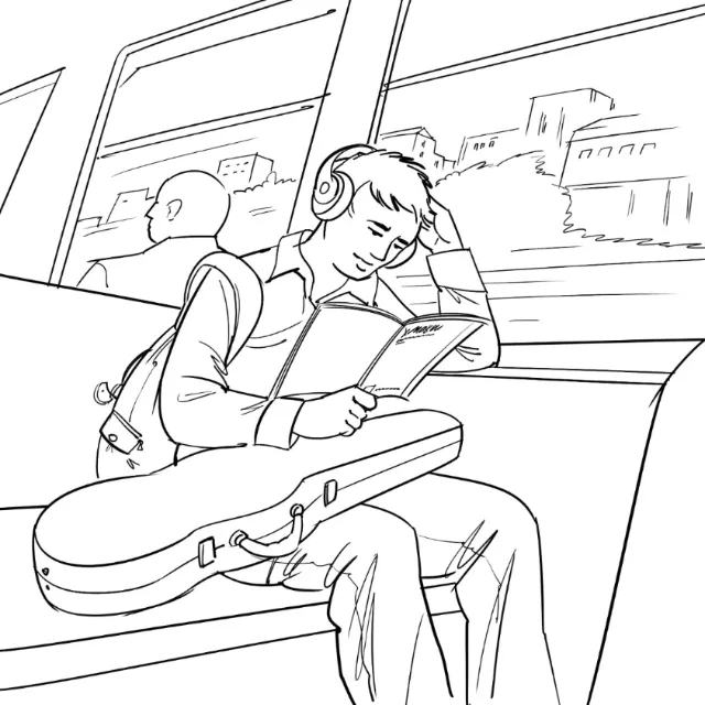 Line drawing of a young man reading on a train with a guitar case by Björn von Schlippe