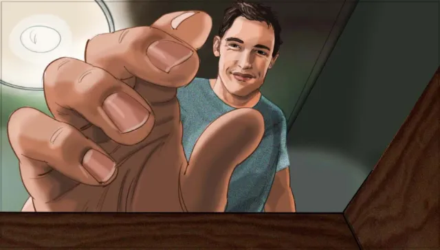 Digital illustration of a man reaching forward with hand extended by Björn von Schlippe