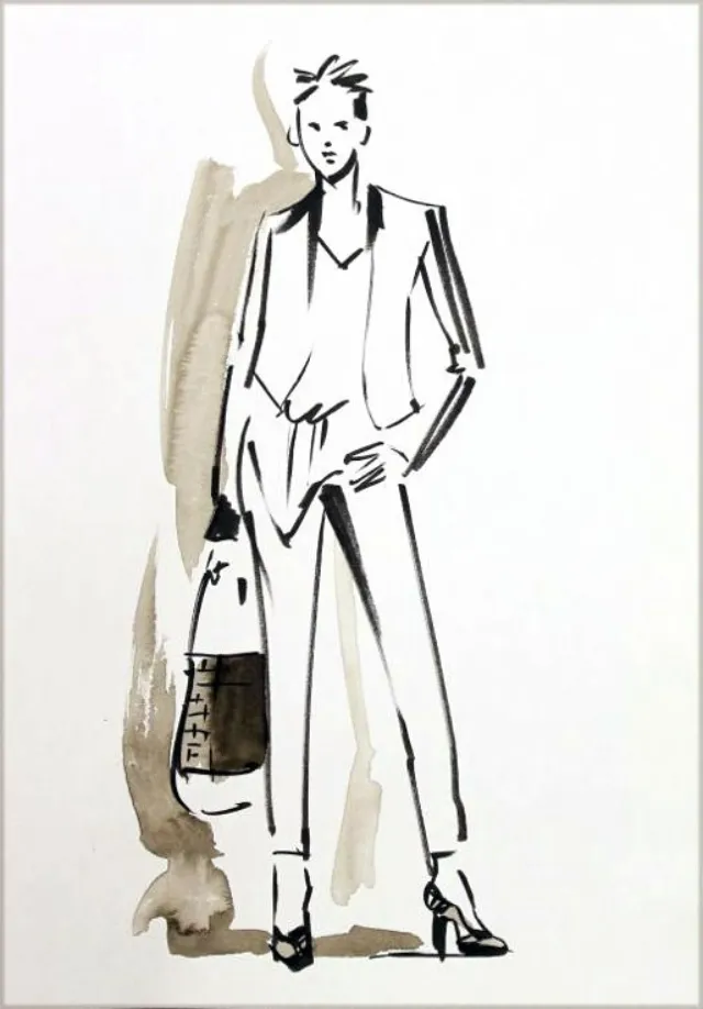 Fashion illustration of a woman holding a handbag by Björn von Schlippe