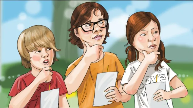 Children holding papers and thinking outdoors by Björn von Schlippe