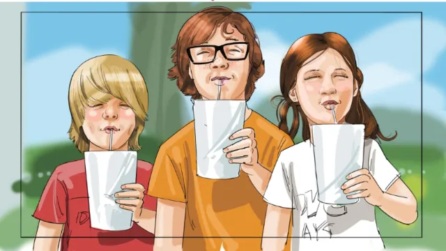 Three children drinking from white cups outdoors illustration by Björn von Schlippe