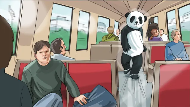 Person in panda costume on a commuter train among passengers by Björn von Schlippe