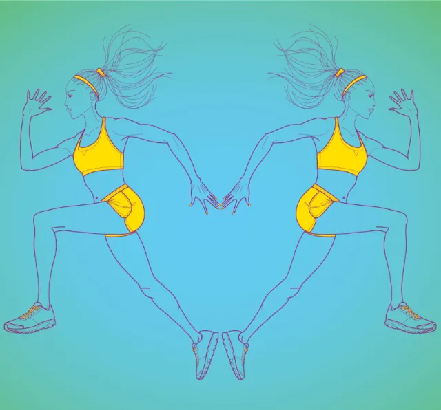 Digital illustration of mirrored female runner in yellow sportswear by Yordanka Poleganova