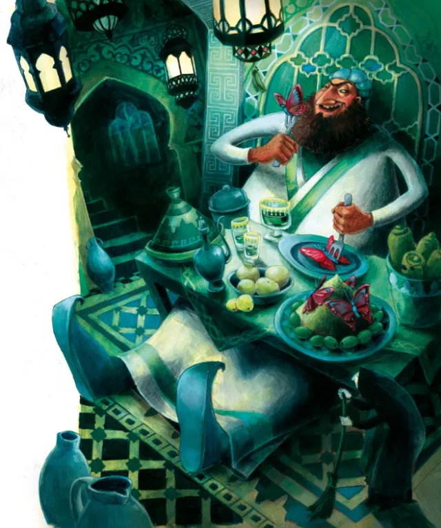 Bearded man eating food in decorated room by Katharina Madesta