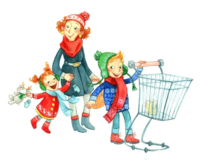Winter family with two children pushing a shopping cart by Katharina Madesta