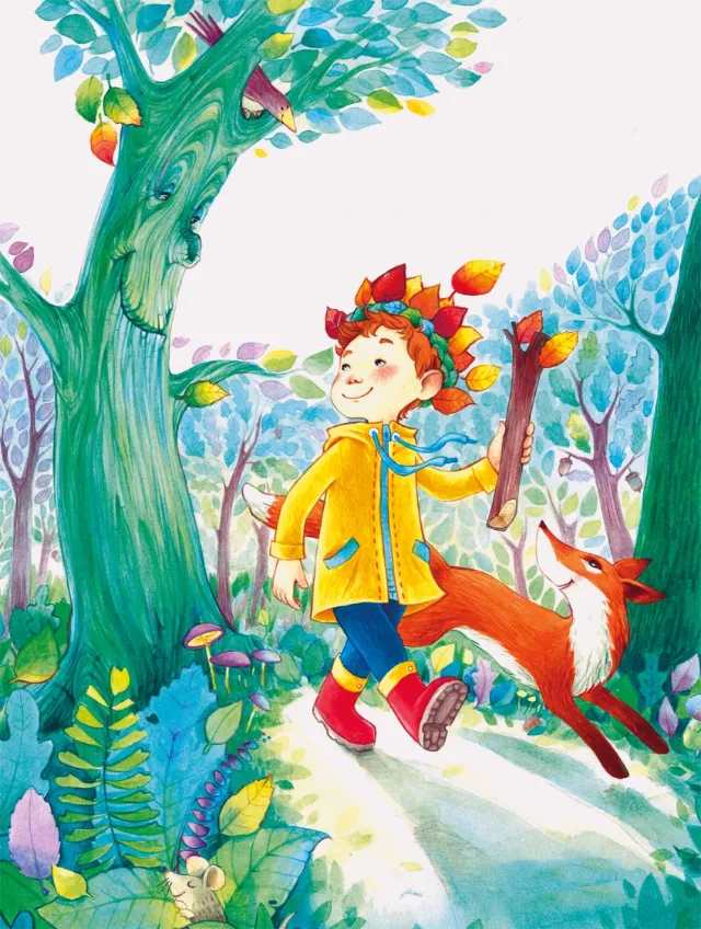 Child in yellow coat with fox and talking tree in vibrant forest by Katharina Madesta