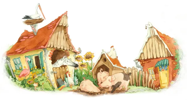 Whimsical village scene with cottages and animals by Katharina Madesta