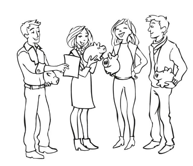 Four people holding piggy banks and talking, line art by Katharina Madesta