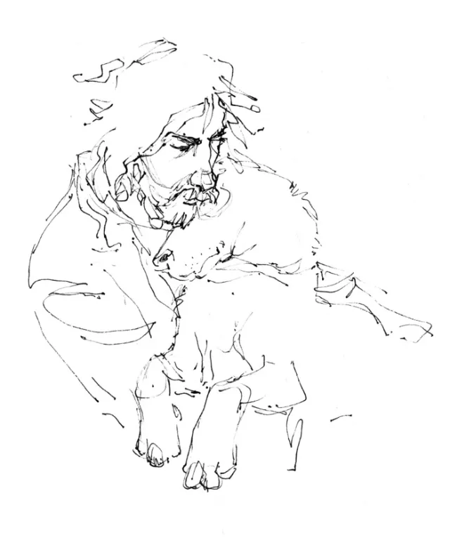 Minimalist line art of man holding a dog by Katharina Madesta