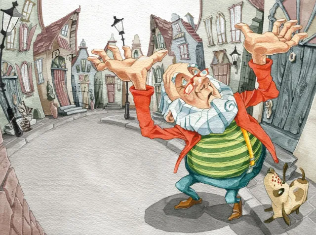 Cartoon man with raised hands and small dog on curved street by Katharina Madesta