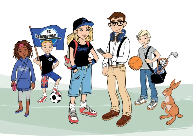 Diverse kids and coach with sports gear and rabbit mascot by Katharina Madesta