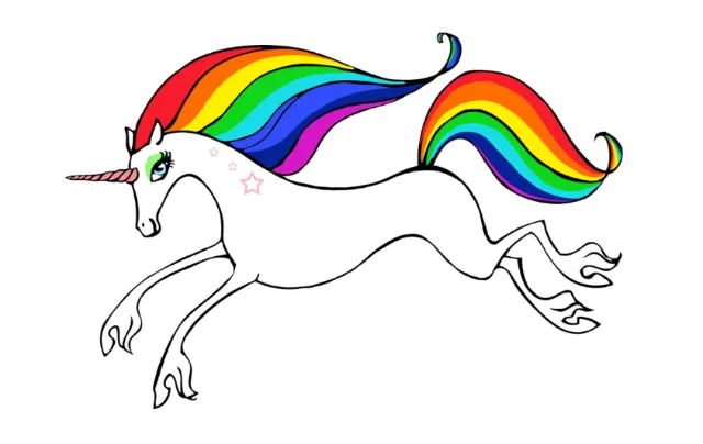 White unicorn running with flowing rainbow mane and tail by Katharina Madesta