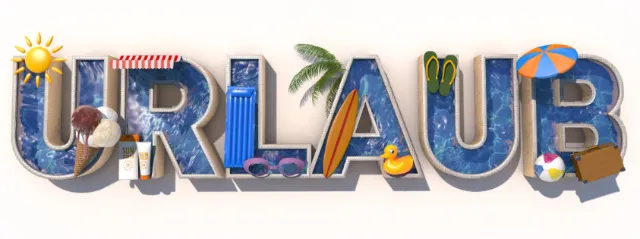 3D letters spelling URLAUB with vacation icons by Carsten Mell