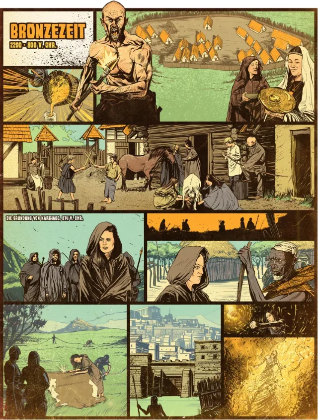Bronze Age village daily life with farming and crafting scenes by POW!!!