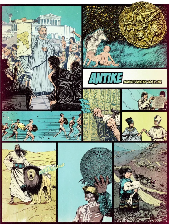 Comic panels illustrating Ancient Greek life and mythology by POW!!!