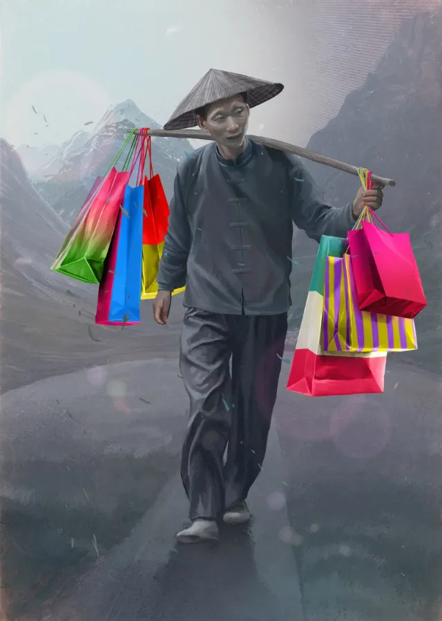 Person with traditional hat carrying colorful shopping bags by POW!!!