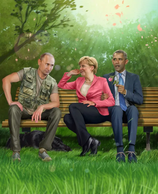 Caricature of three world leaders sitting on a park bench by POW!!!