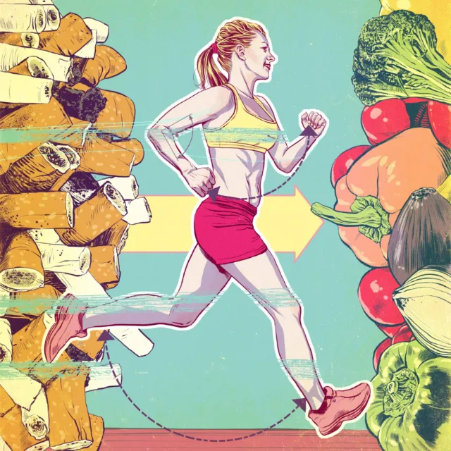 Woman running between unhealthy junk food and fresh vegetables by POW!!!