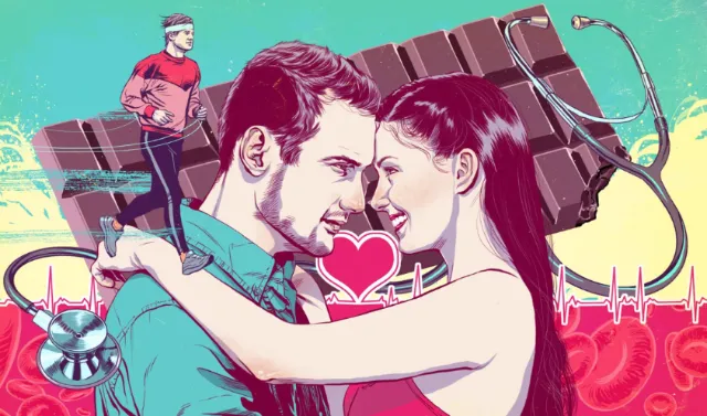 Couple embracing with heart symbol and love-themed background by POW!!!