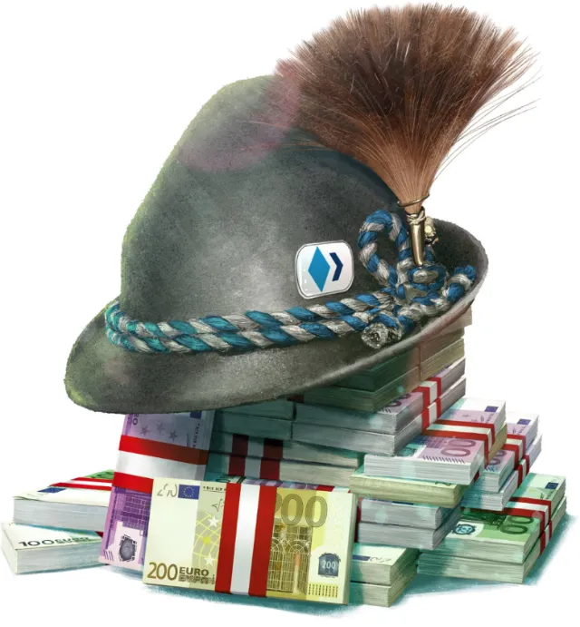 Traditional alpine hat with feather on stacked euro banknotes by POW!!!
