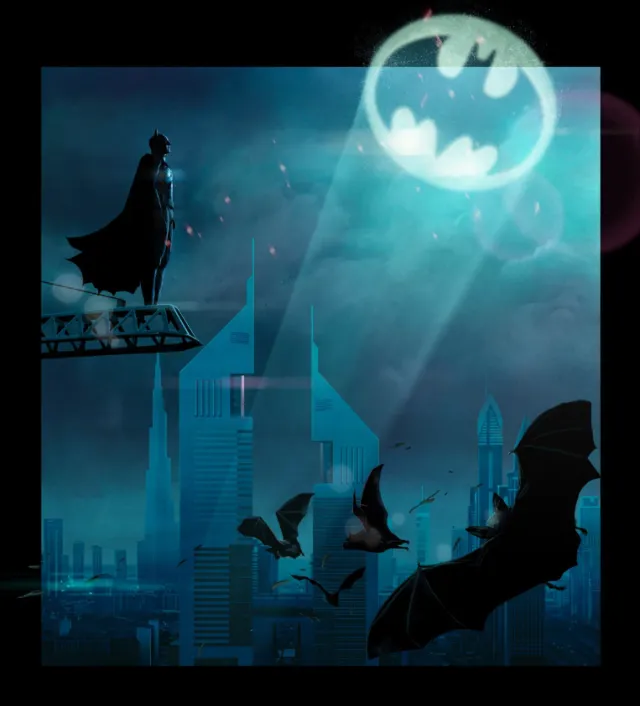 Batman silhouette over Gotham with bats and Bat-Signal by artist POW!!!
