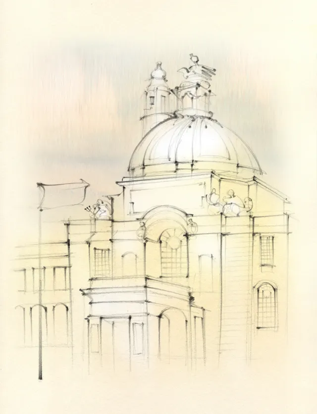 Architectural sketch, Cardiff Law Courts, building, domed roof, hand drawn