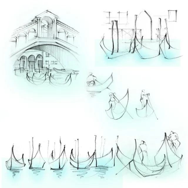 italy, travel, sketchbook, Rialto Bridge, gondolas, Venice