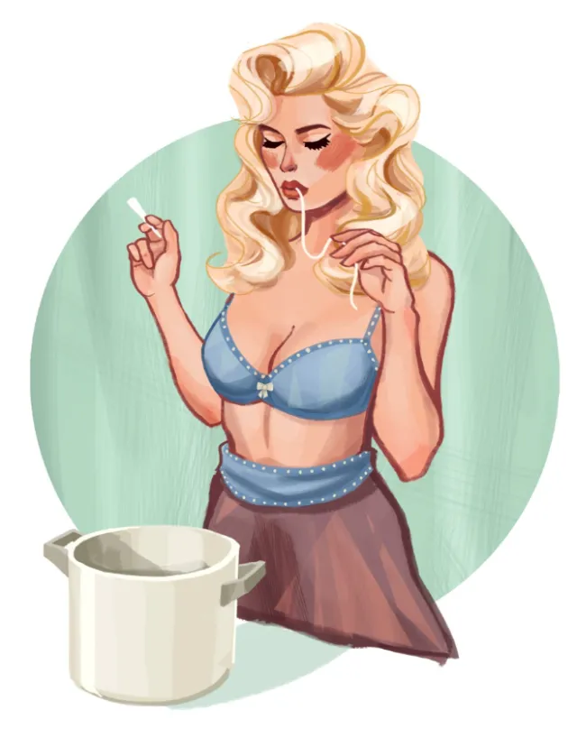 Blonde woman tasting food while cooking, digital artwork by Katharina Madesta