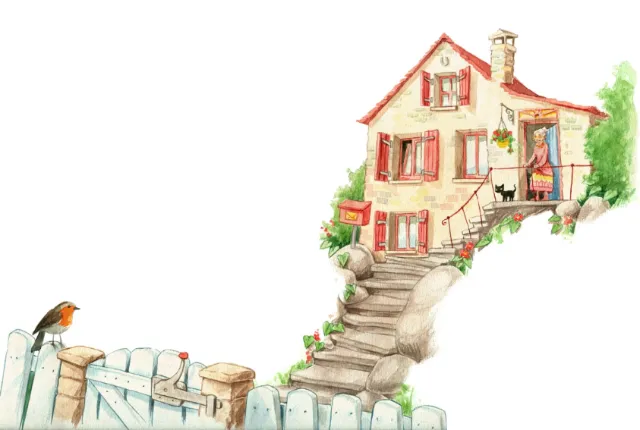 House on hill with woman on stairs and bird on fence by Katharina Madesta