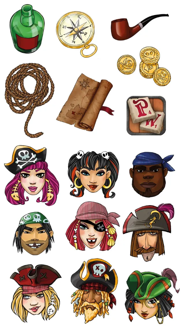 Pirate character portraits and pirate-themed objects illustration by Katharina Madesta