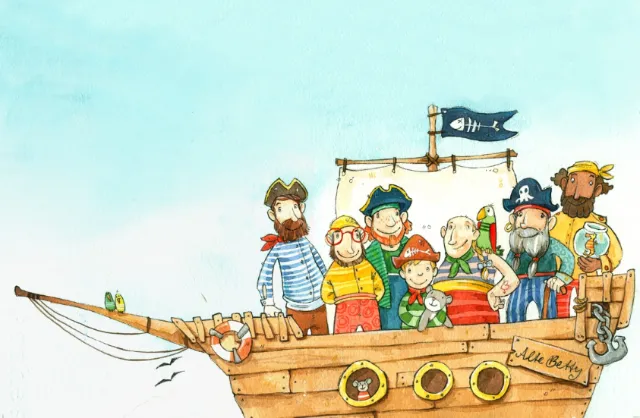 Cartoon Viking ship with colorful crew and Jolly Roger flag by Katharina Madesta