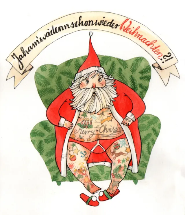 Whimsical Santa Claus with tattooed legs sitting in green chair by Katharina Madesta