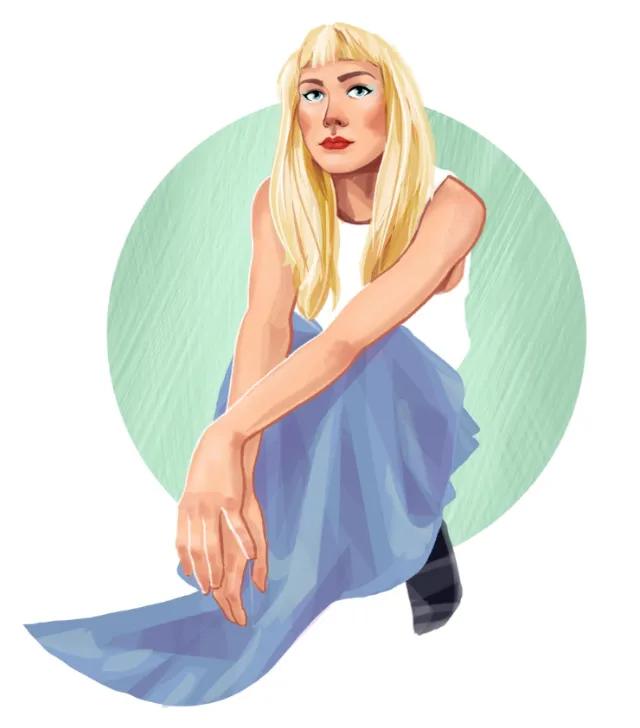 Digital portrait of a blonde woman sitting wearing a blue skirt by Katharina Madesta