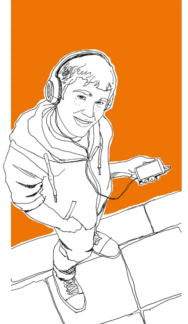 Line drawing of person listening to music with headphones by Andreas Schickert