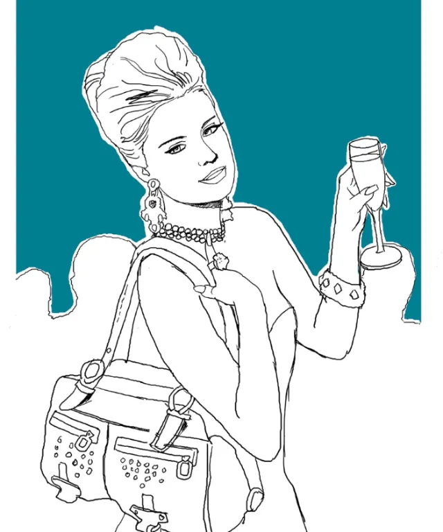 Line drawing of woman holding handbag and glass by Andreas Schickert