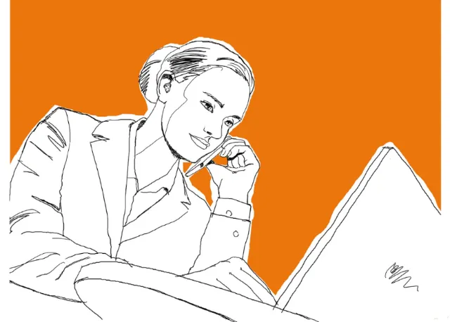 Line drawing of a woman working on a laptop by Andreas Schickert